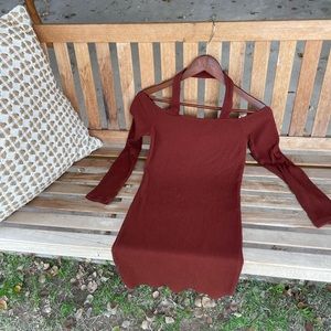 Burgundy red halter bodycon off shoulder sweater dress